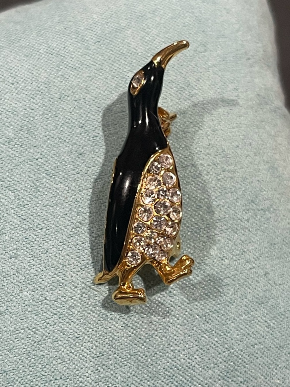 Gold and Black Penguin Bird Brooch Pin with Clear Crystals